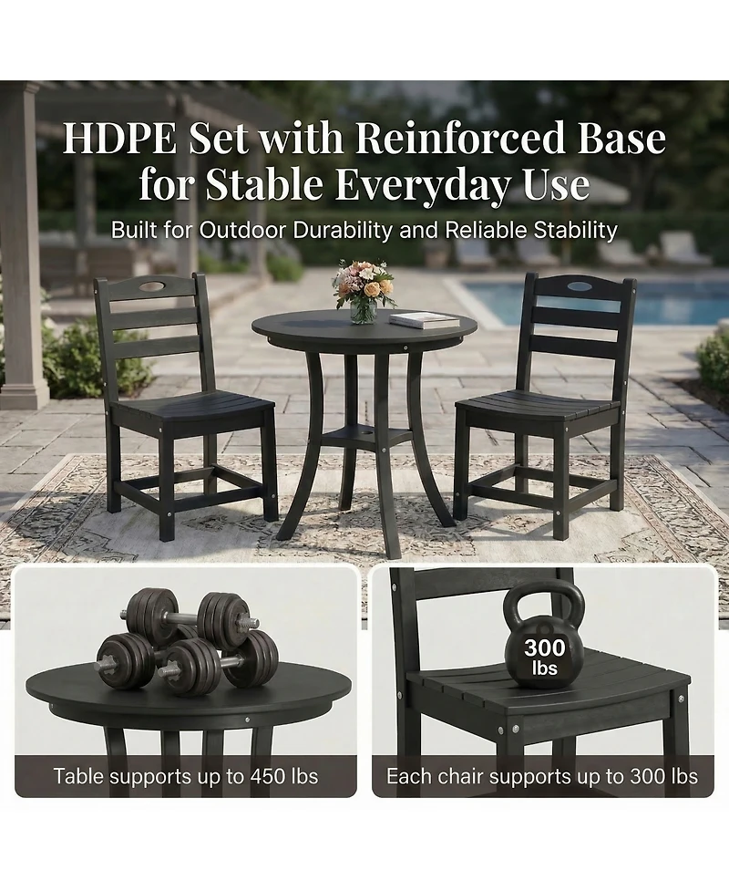 Boyel Living Hdpe 3-Piece Outdoor Patio Bistro Set Round Table with 2 Chairs Small Space