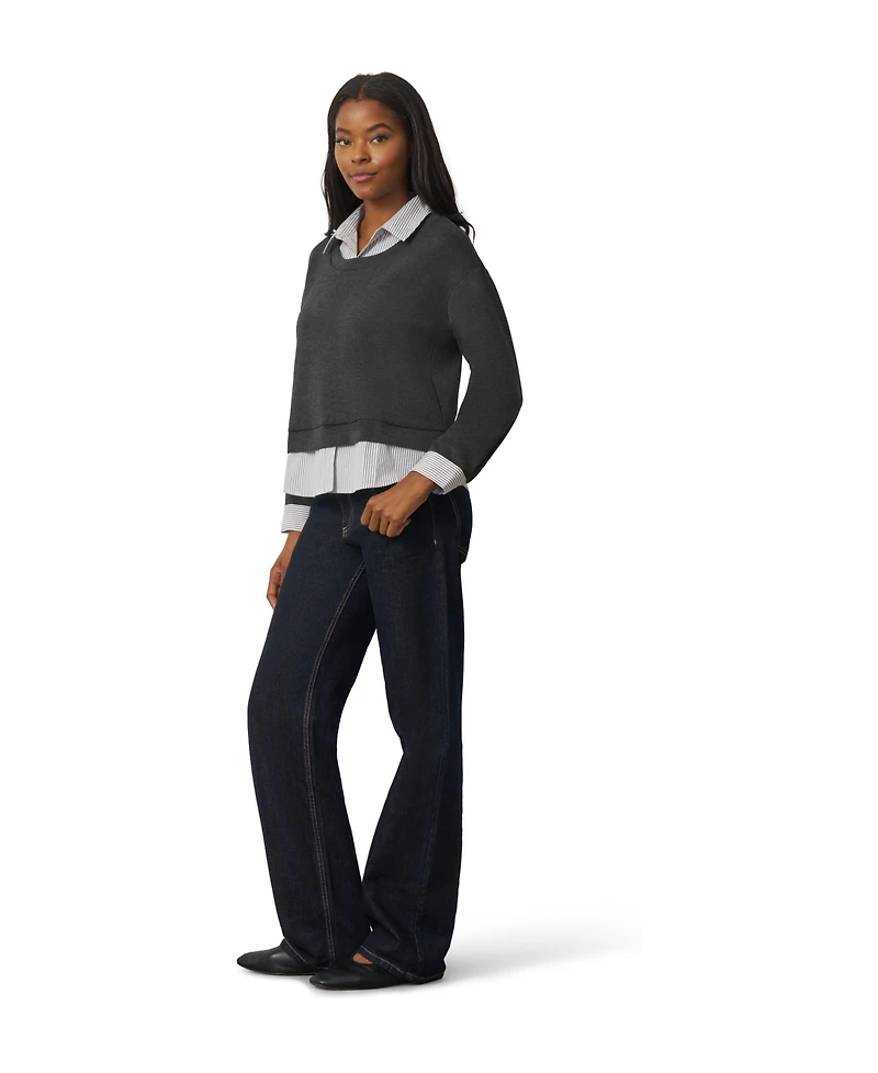 Cable & Gauge Women's Twofer Striped Poplin Collar Long-Sleeve Blouse