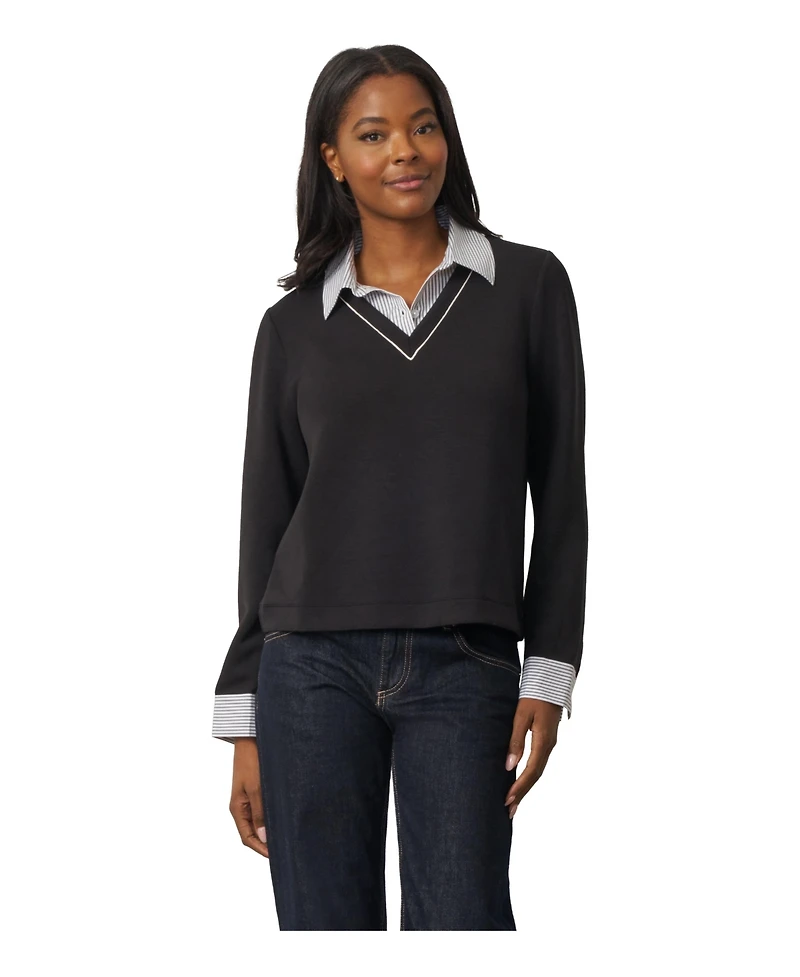 Cable & Gauge Women's Long-Sleeve Layered V-Neck Top