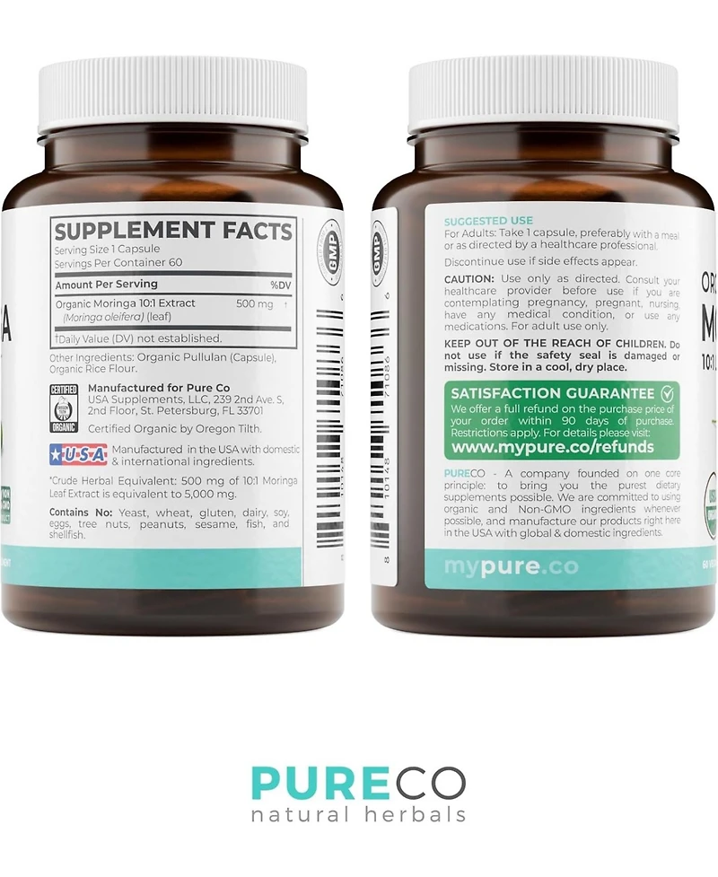 Pure Co Moringa Leaf Supplement, High Potency Moringa Leaf Extract, , Non-gmo, 60 Capsules