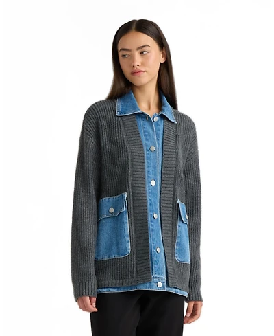 Nvlt Women's Cardigan with Denim Shirt Twofer