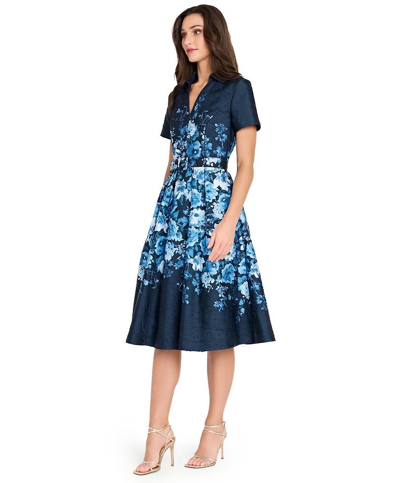 Tahari Asl Women's Belted Floral-Print V-Neck Midi Dress