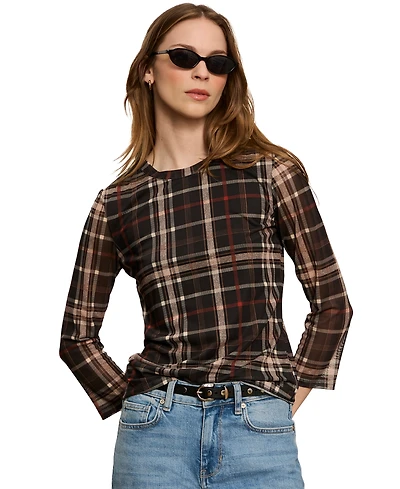 Sanctuary Women's Plaid Mesh 3/4 Sleeve Top
