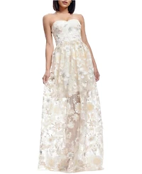 Dress The Population Women's Audrina Strapless Sweetheart 3D Floral Applique Sheer Overlay Gown