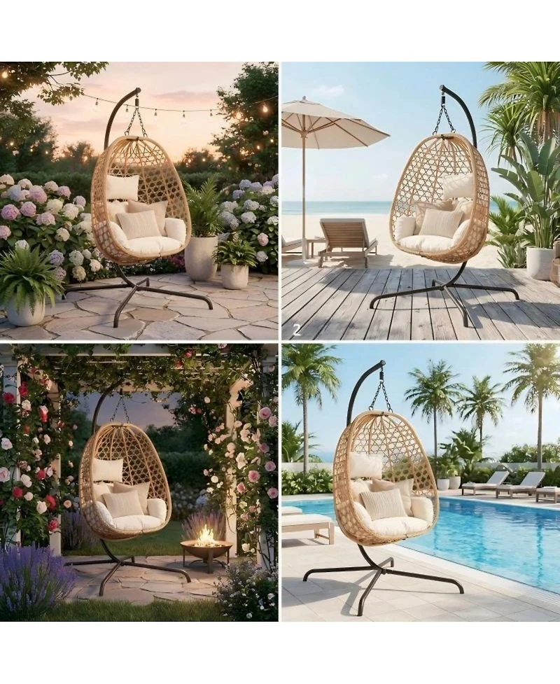 Asagikoiai Set of 2 Outdoor Hanging Egg Chairs with Stand and Cushions, Wicker Patio Swing Hammock
