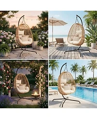 Asagikoiai Set of 2 Outdoor Hanging Egg Chairs with Stand and Cushions, Wicker Patio Swing Hammock