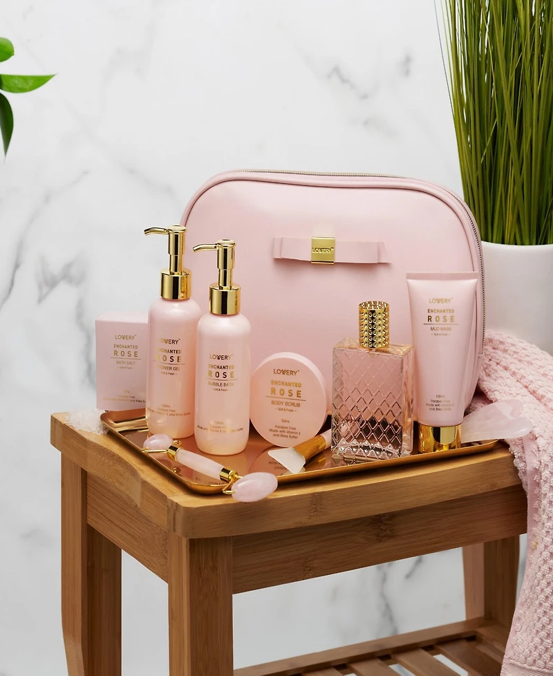 Lovery Luxury Enchanted Rose Bath and Body Care Beauty Kit with Cosmetic Bag, Jade Roller and More, 11pc Home Spa Gift Set