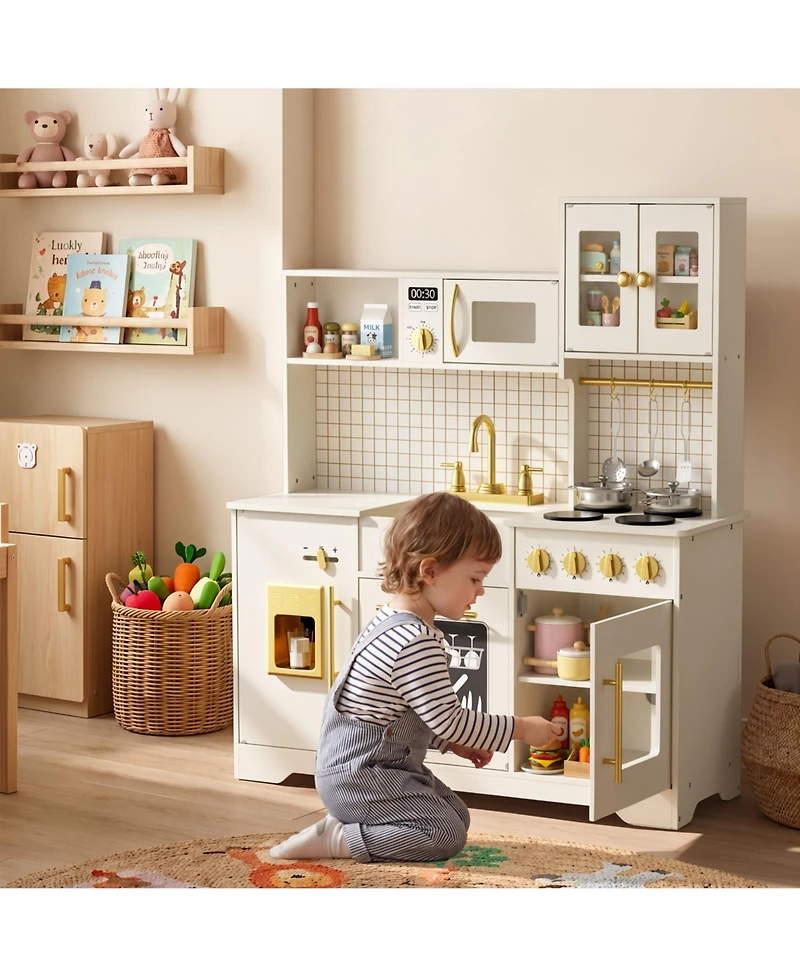 Kinder King Kids Play Kitchen, Wooden Toy Kitchen Playset for Toddler, Pretend Oven, Microwave
