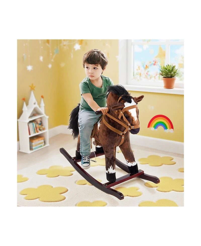 Glintex Plush Wooden Rocking Horse with Neighing Sounds, 88 lbs Capacity, Ages 3+