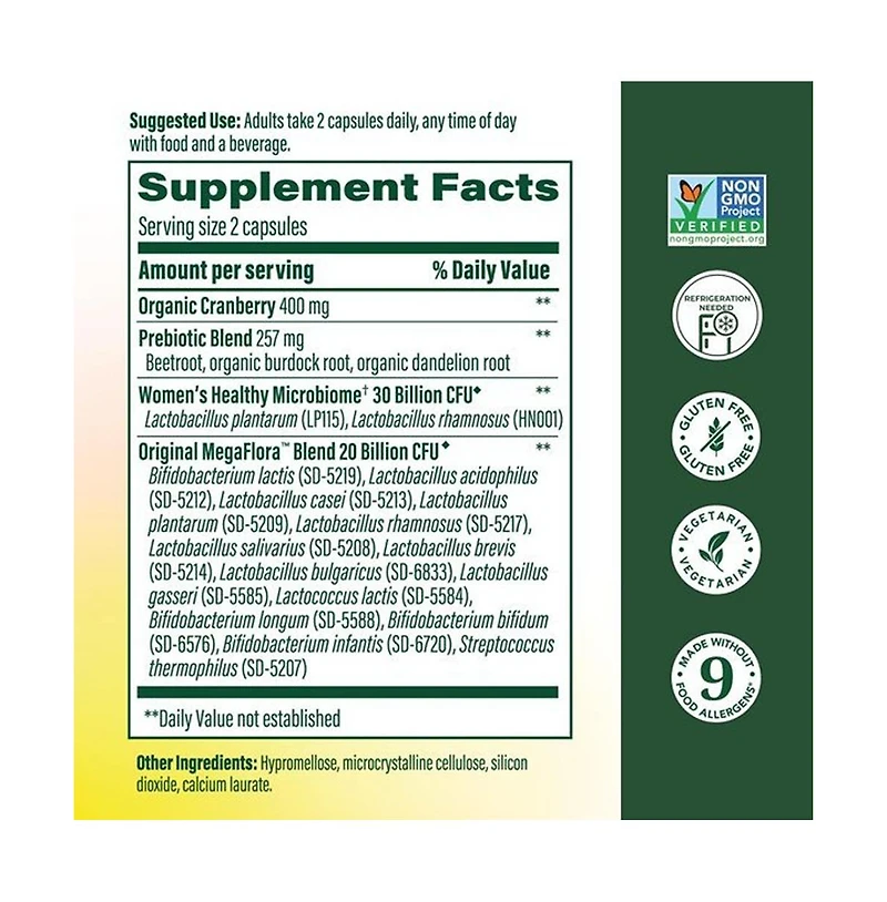 MegaFood MegaFlora Probiotics for Women, Probiotic + Prebiotic, 50 Billion Live Cultures, 60 Capsules