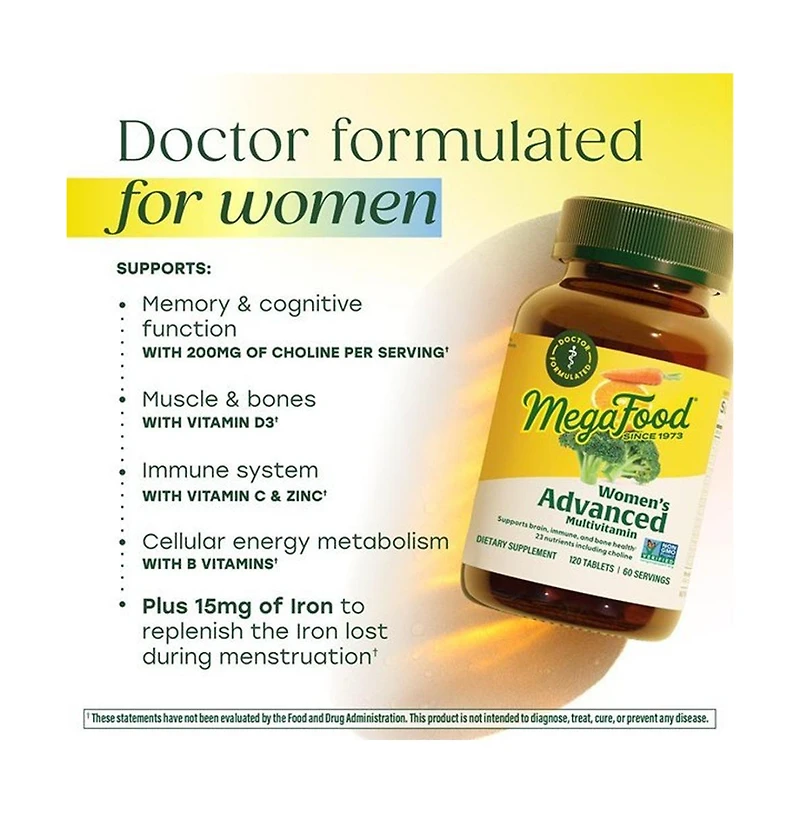 MegaFood Advanced Multivitamin for Women with Iron, Choline, Methyl B12, Methylfolate, Vitamin D3, C and Zinc, 120 Ct