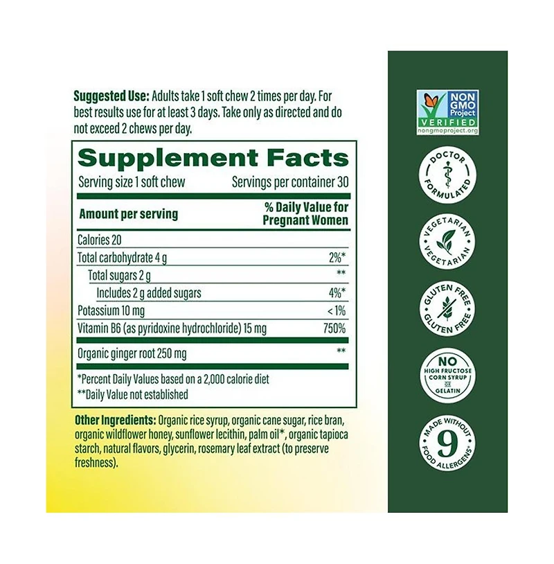 MegaFood Baby and Me 2 Morning Sickness Nausea Relief Soft Chews with Vitamin B6 and Ginger, Honey Lemon Ginger 30 Soft Chews