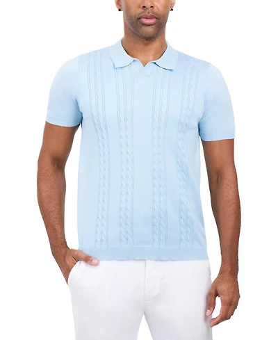 Spring + Mercer Men's Cable Knit Johnny Collar Sweater Slim-Fit Polo Shirt