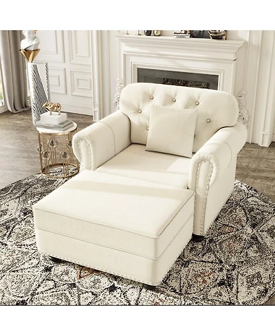 Maison Boucle Velvet Accent Chair with Ottoman, Tufted Nailhead Rolled Arms, Pillow