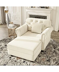 Maison Boucle Velvet Accent Chair with Ottoman, Tufted Nailhead Rolled Arms, Pillow