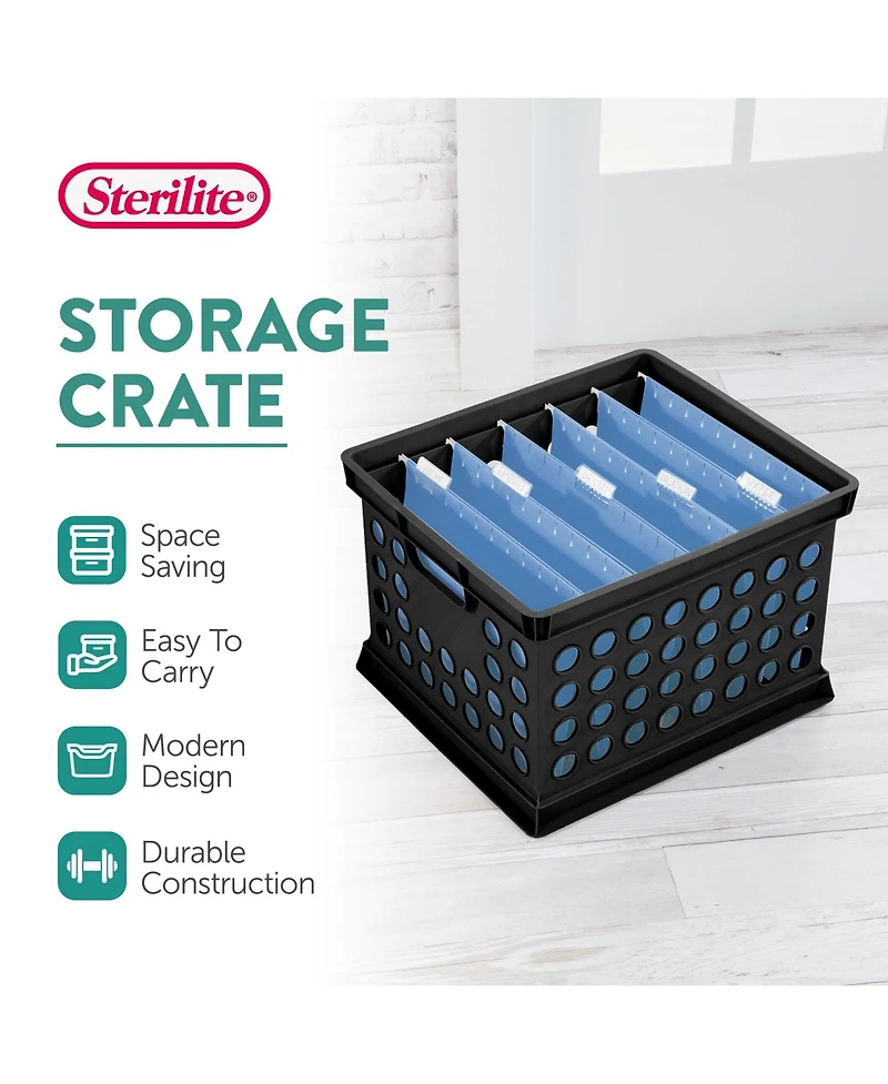 Sterilite Stackable Plastic Storage Open Crate Bin Organizer Box, Black (6 Pack)