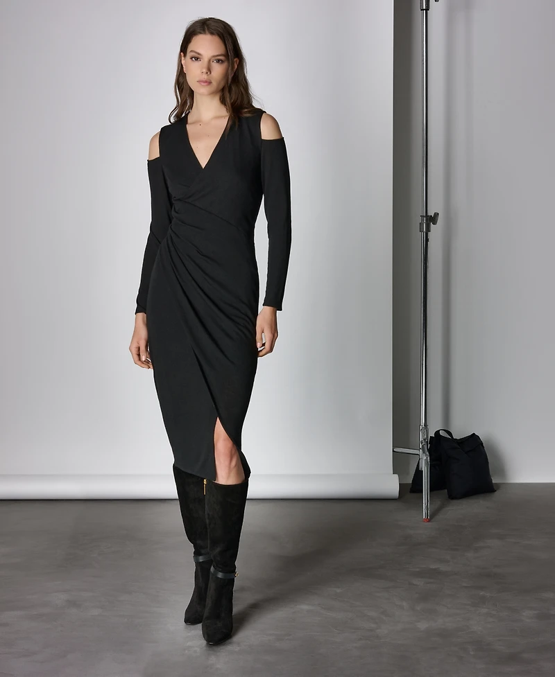 Donna Karan New York Women's Long-Sleeve Cold-Shoulder Wrap Midi Dress