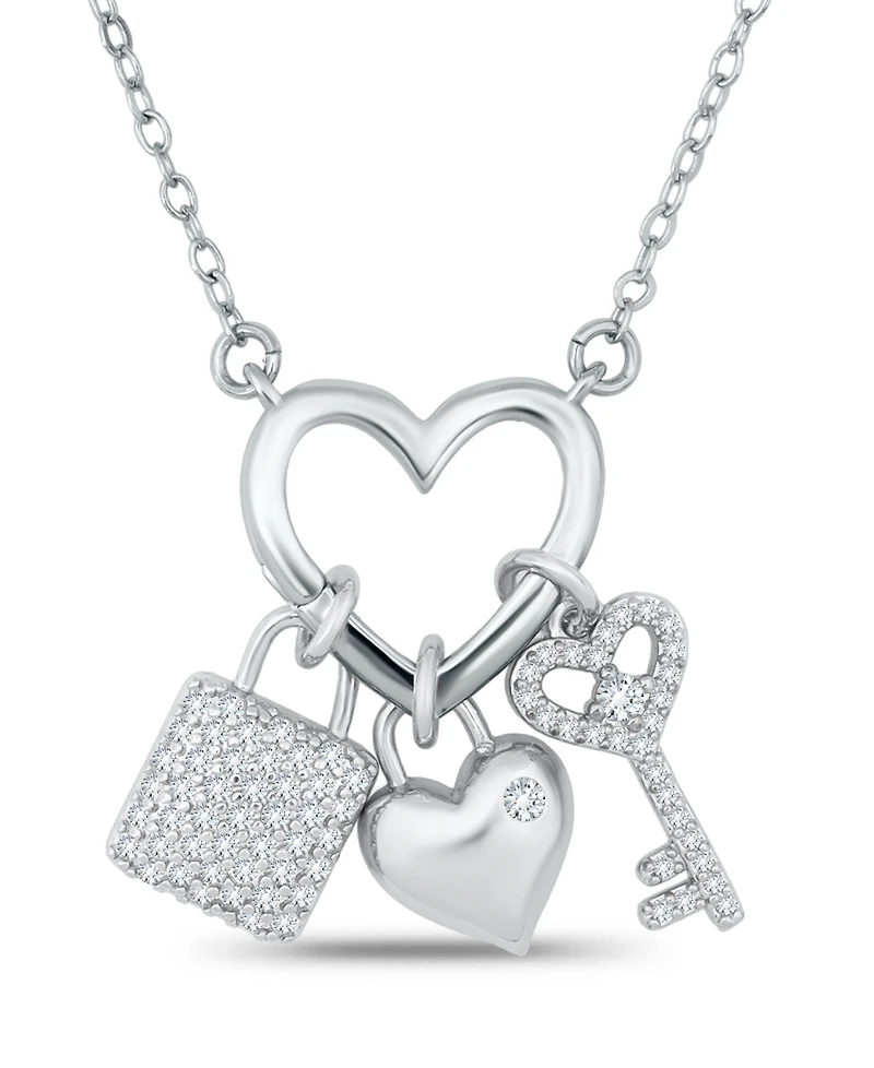 Macy's Fine Silver-Plated Over Brass Heart Shape Charm Holder with Heart, Key and Lock Charms Necklace