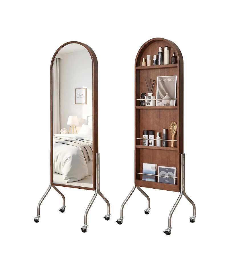 Phying Arched Full-Length Mirror with Storage Shelves, Premium Rubber Wood Freestanding Rolling Dressing Mirror and Bookcase Cart