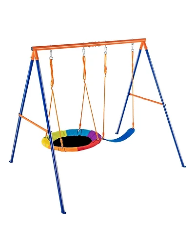 Slickblue A-Frame Swing Set with Saucer Swing & Belt Swing, Adjustable Ropes, Fits 3 Kids, Ages 3+