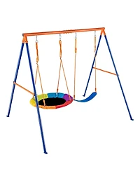 Slickblue A-Frame Swing Set with Saucer Swing & Belt Swing, Adjustable Ropes, Fits 3 Kids, Ages 3+