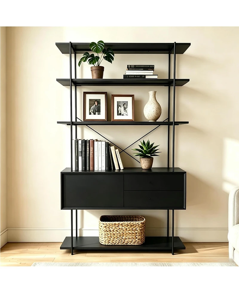 homfan 5-Tier Industrial Bookshelf with Cabinet, Heavy Duty Wood Bookcase Display, Sturdy Metal Frame Storage Shelving Unit for Home Office
