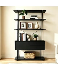 homfan 5-Tier Industrial Bookshelf with Cabinet, Heavy Duty Wood Bookcase Display, Sturdy Metal Frame Storage Shelving Unit for Home Office
