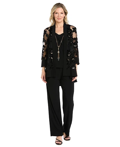 R & M Richards Petite Floral-Print Velvet Jacquard Burnout Jacket, Tank, and Pants, 3-Piece Set