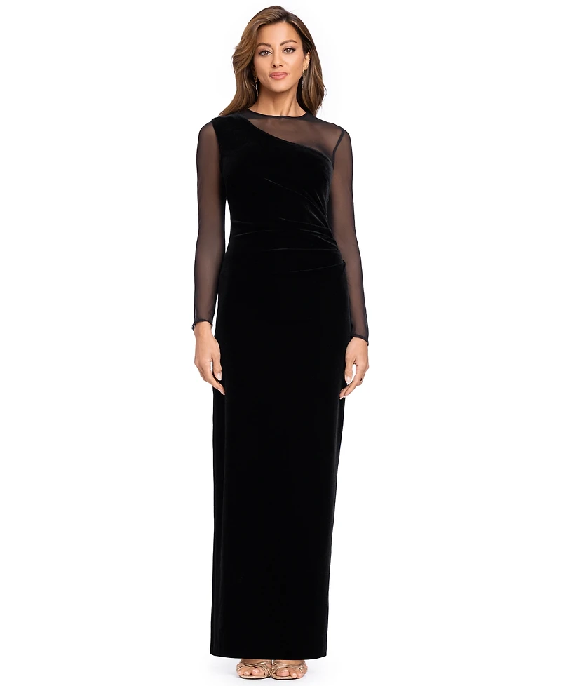 Xscape Women's Velvet Long-Sleeve Boat Neck Dress