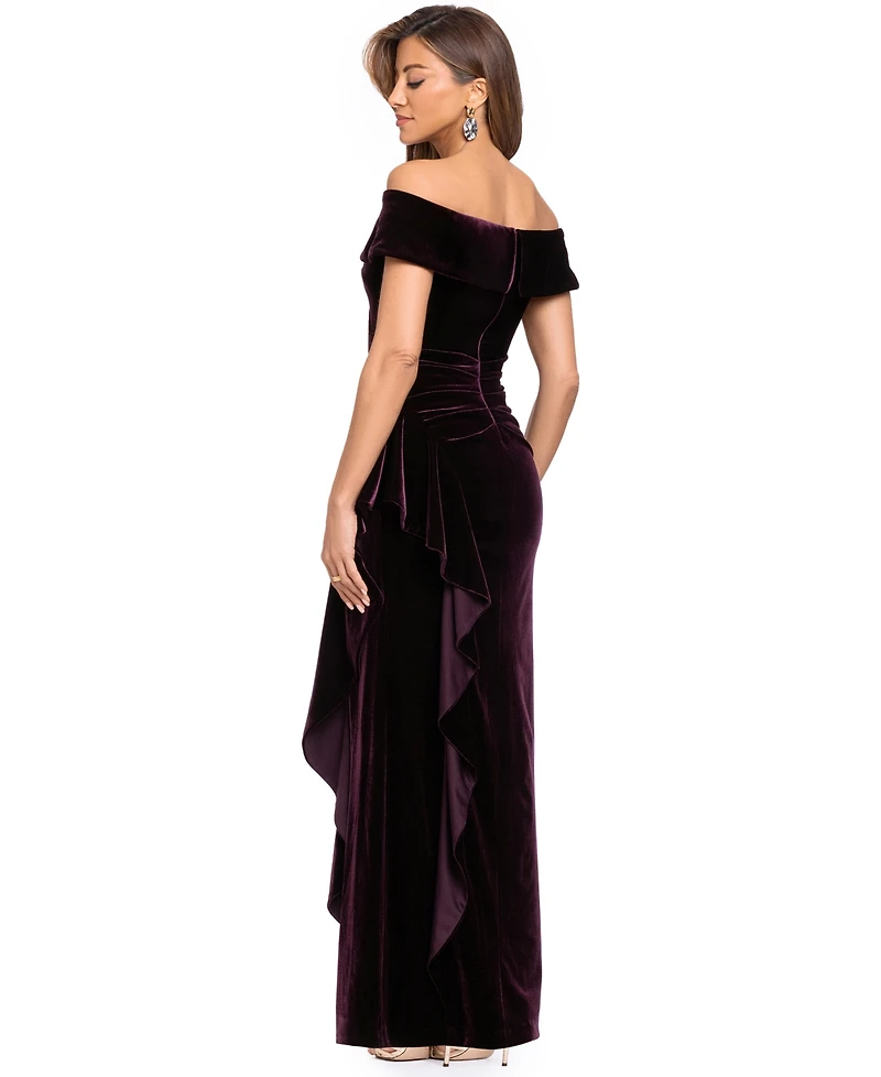 Xscape Women's Velvet Off-the-Shoulder Ruffle Gown