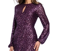 Xscape Women's Sequin Long-Sleeve Keyhole Dress