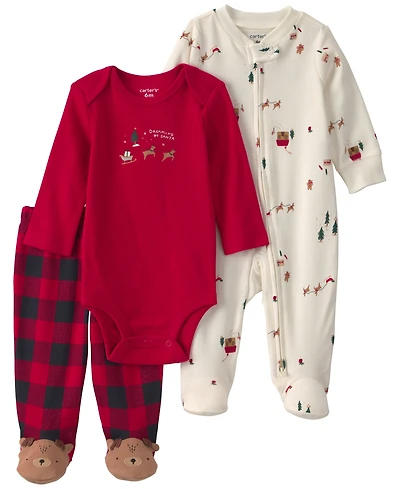 Carter's Baby Boys' Dreaming of Santa Long-Sleeve Buffalo-Check Bodysuit and Footed Pajama Pant, 3-Piece Set