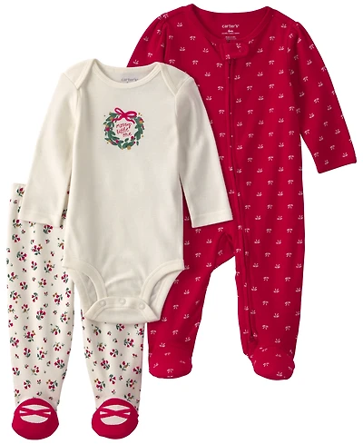 Carter's Baby Girls' Merry Little One Christmas Wreath Footie, Bodysuit, and Footed Pant, 3-Piece Set