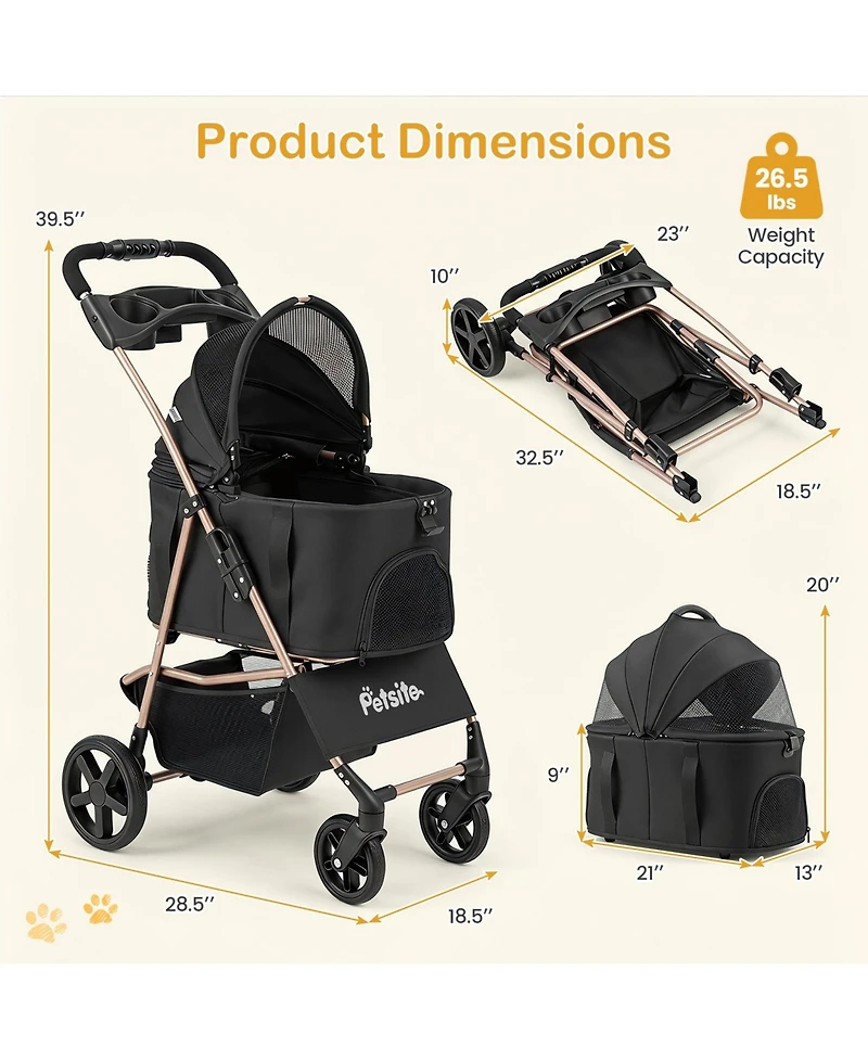 Gymax 3-in-1 Pet Stroller for Small Medium Dogs w/ Detachable Carrier Cup Holder