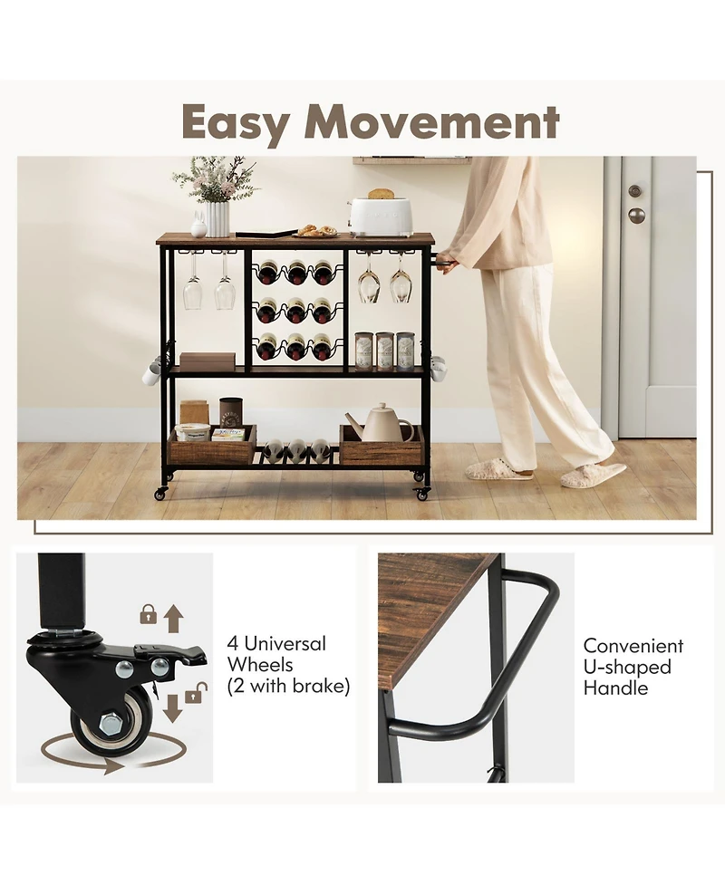 Sugift 3-Tier Rolling Bar Cart with Glass Racks and Bottle Holders