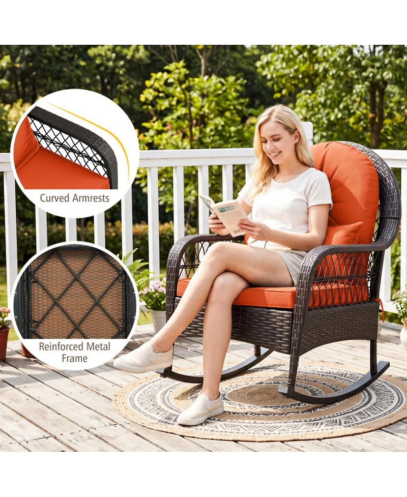 Slickblue Patio Rattan Rocking Chair with Seat Back Cushions and Waist Pillow