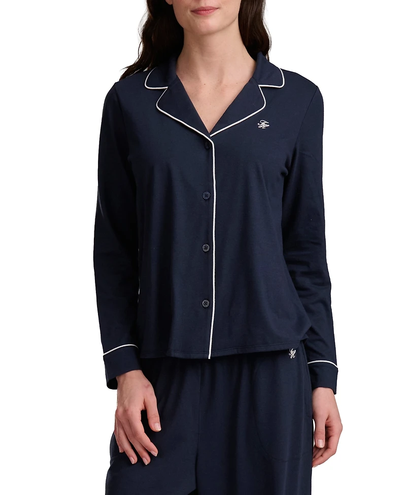 Tommy Hilfiger Women's Girlfriend Long-Sleeve Notch Collar Button-Up Top and Pant Pajama Set