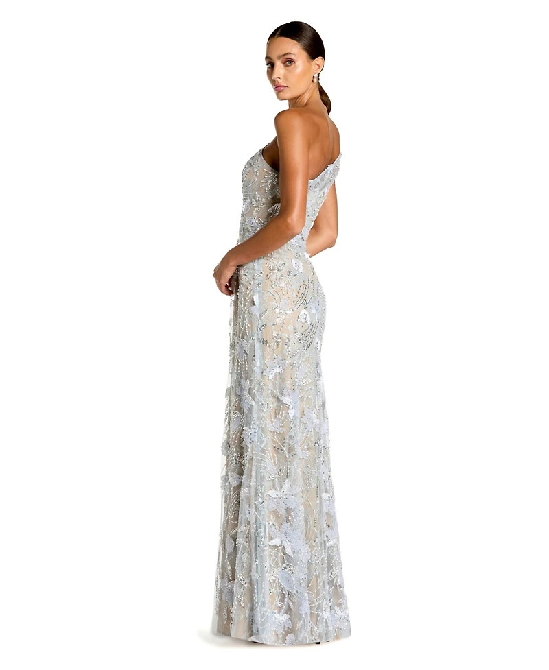 Mac Duggal Petite One-Shoulder Floral Sequin Mesh Gown