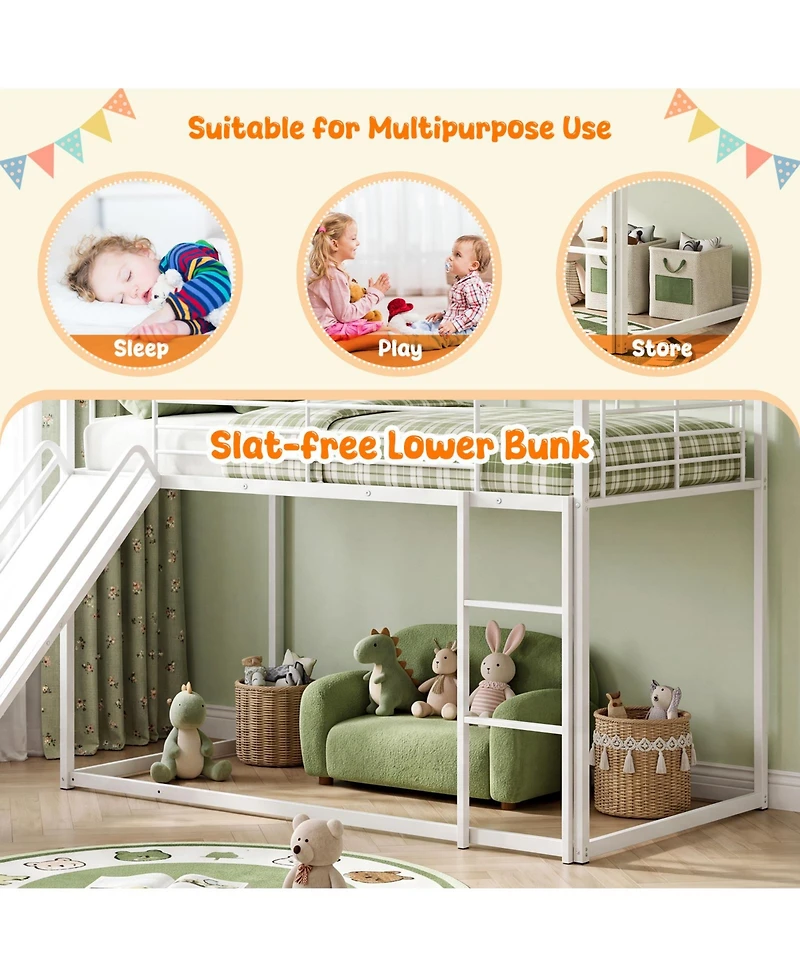 Costway Twin Over Twin Low Bunk Bed House-shaped Metal Bunk Bed Frame with Safety Guardrail