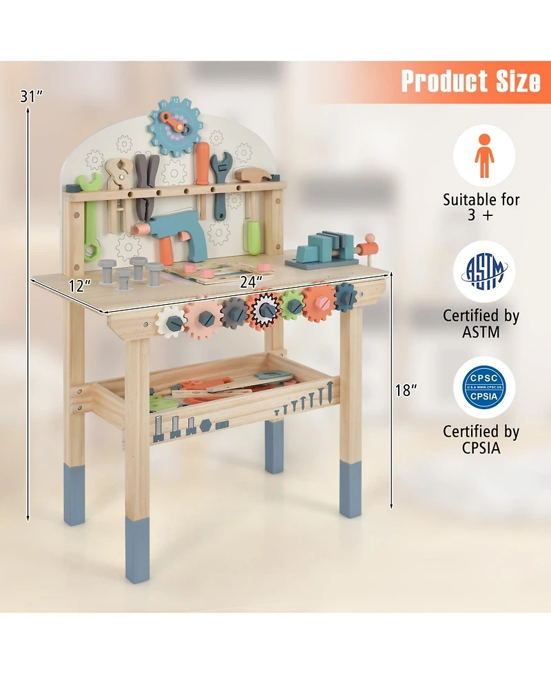 Mecale Solid Pine Wood Play Tool Workbench with Storage Shelf, Ages 3+