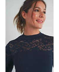 Hello Miz Maternity Floral-Lace Yoke Mock-Neck Long-Sleeve Top