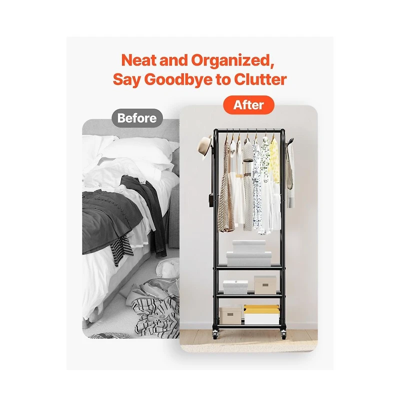 Slickblue Rolling Garment Rack with Hanging Rod, 3 Storage Shelves and Hooks for Laundry Room