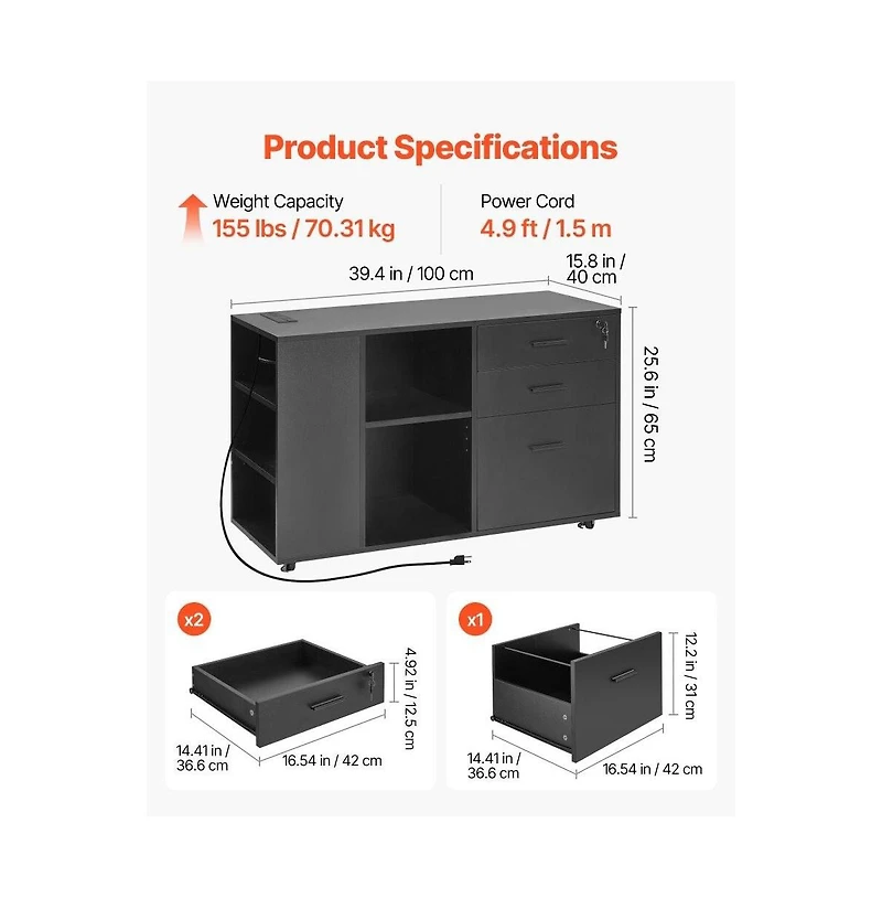 Slickblue 3 Drawer Mobile File Cabinet with Power Strip and Shelves