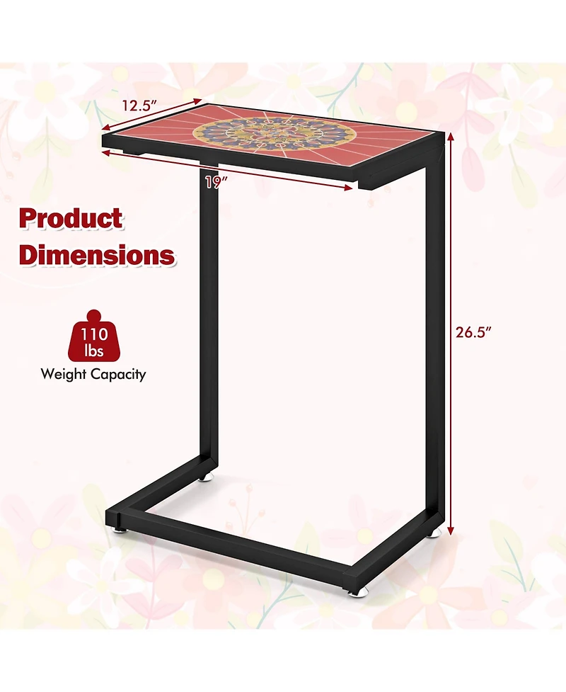 Mecale C-Shaped Outdoor End Table with Mosaic Ceramic Tile Top