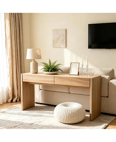 homfan Console Table with 3 Drawers, Thickened Hallway Table with Large Storage for Living Room, Tv Stand, Artificial Board, Wood Grain, Easy Clean