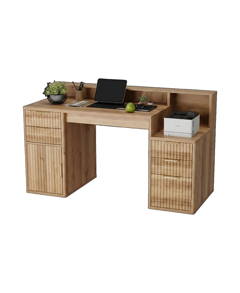 gaomon Rectangular Computer Desk with Hutch, Printer Stand and Ripple Door Storage, Space-Saving Home Office Writing Desk