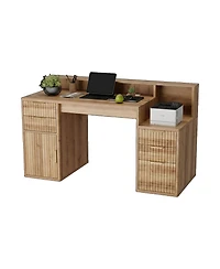 gaomon Rectangular Computer Desk with Hutch, Printer Stand and Ripple Door Storage, Space-Saving Home Office Writing Desk