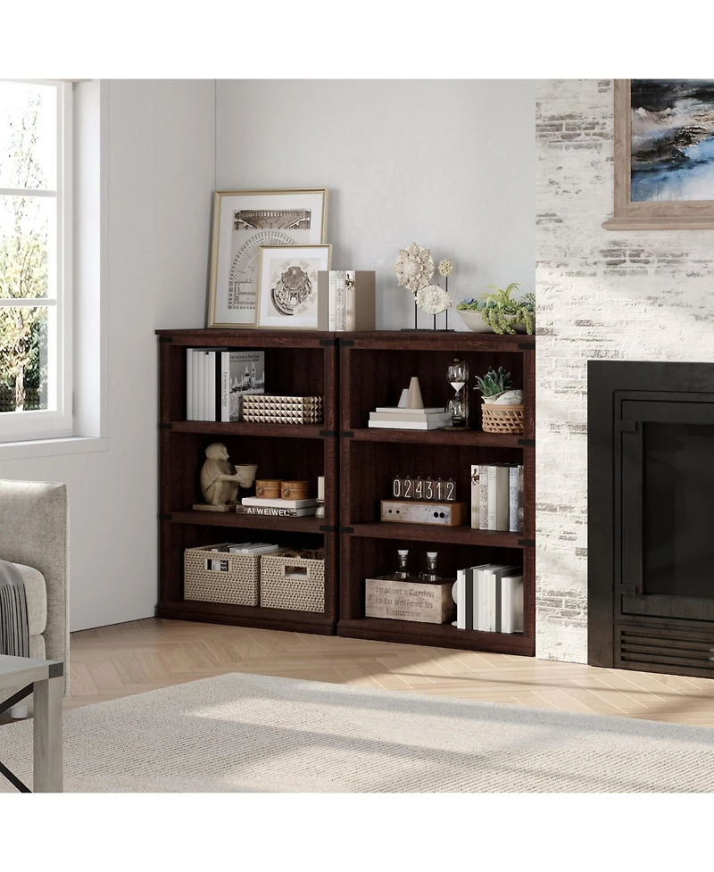 3-Tier Tall Bookcase with Adjustable Shelves, Metal Frame and Closed Back, Retro Farmhouse Bookshelf for Living Room, Bedroom or Home Office