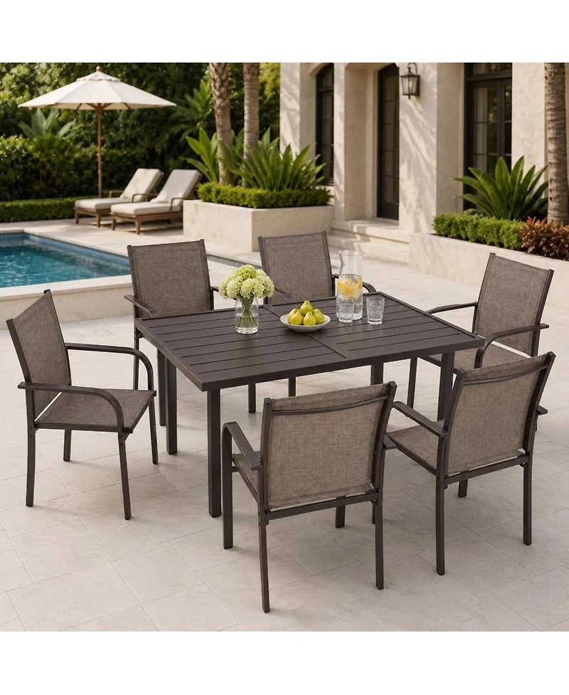 7-Piece Outdoor Patio Dining Set with 55" Rectangular Table and 6 Stackable Textilene Chairs, Wood-Grain Finish, Rust-Resistant Steel Frame