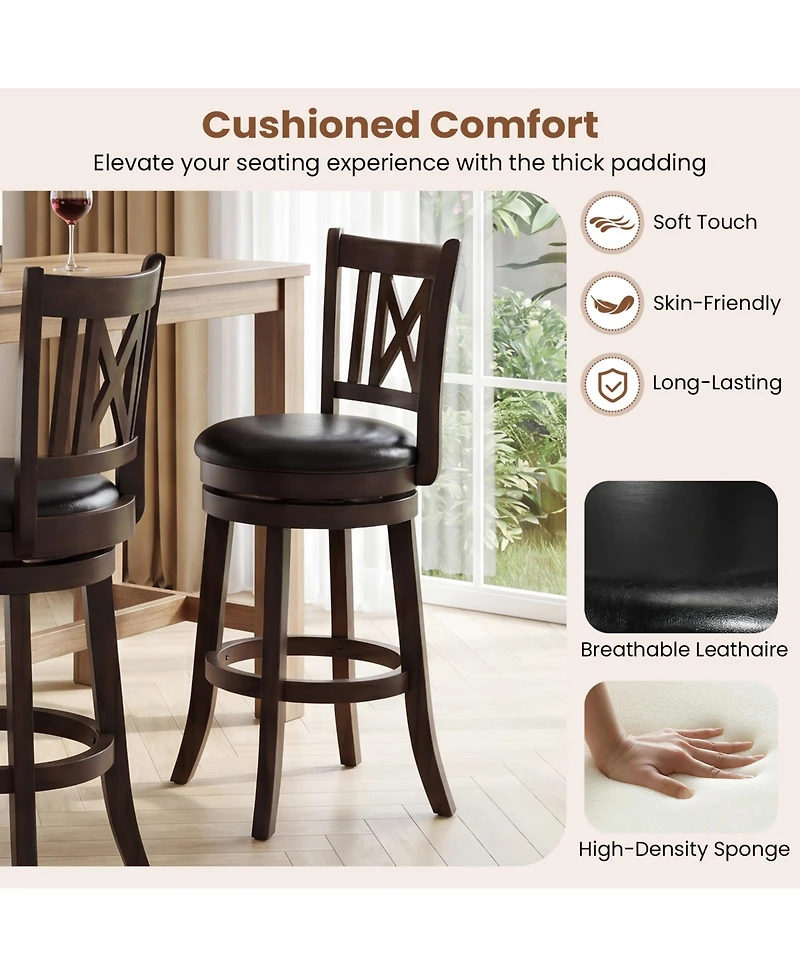 Gymax Set of 2 Bar Stools 26'' Swivel Bar Chairs with Footrest Hollowed Backrest